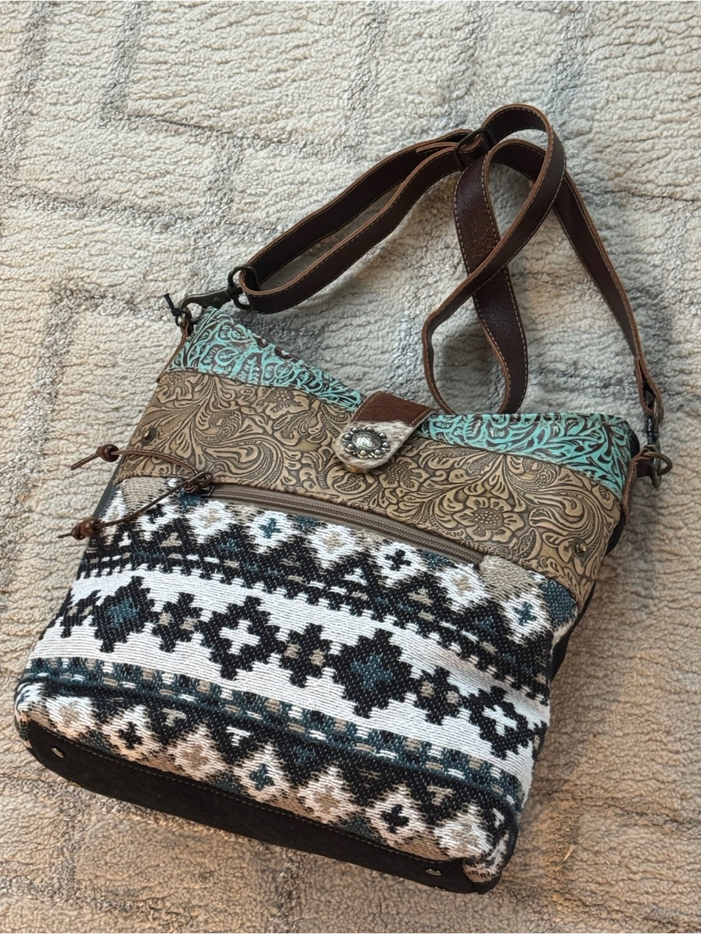 Myra Bag "Brave" brown & Turquoise, Tooled Leather crossbody/Shoulder Bag NWT